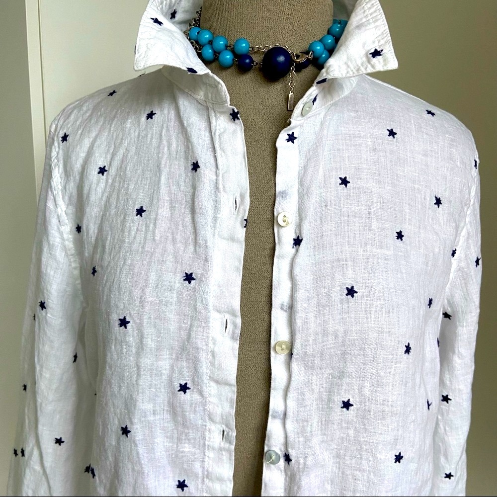 Nicole Miller Linen  NY Blue Embroidered Stars Shirt size M